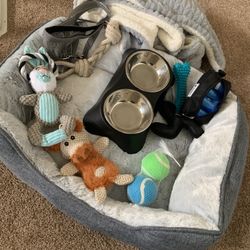 Lot Of Puppy Items/bed/toys/bags/dish Bowls