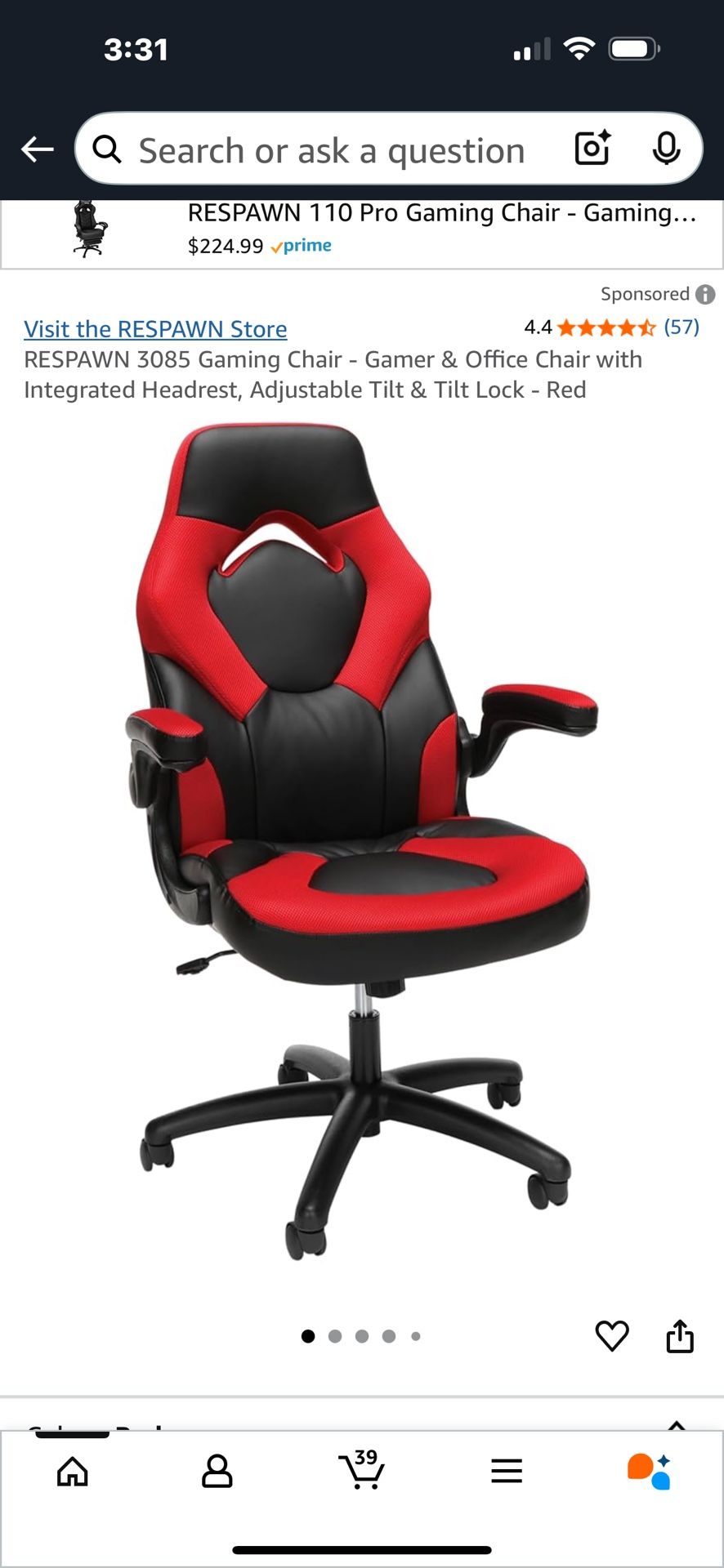 Essentials Racing Style Leather Gaming Swivel Chair