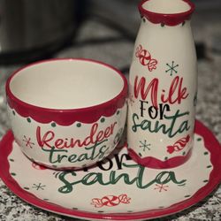 Sleigh Bell Ceramic Cookies for Santa Plate, Milk Bottle And Reindeer Treats Bowl Set