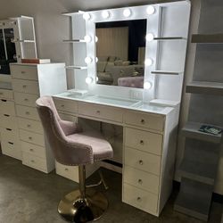 Vanity Table Set With LED Mirror + Tower Shelves For Beauty Room