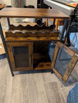 (NOT ASSEMBLED) Rustic Brown Wine Bar Cabinet with Wine Glass Holder for sale