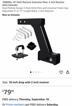 10000lbs 10" Hitch Receiver Extension Riser, 2 Inch Receiver Hitch Extender Dual Pinhole Design 3-Pack Hitch Pins and Universal Trailer Cap Adjustable
