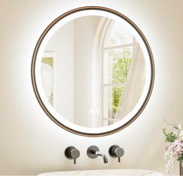 Round Led Oil Rubbed Bronze Bathroom Mirror 24 Inch Circle Round Lighted Vanity Mirror with Lights for Bathroom Wall, 3 Color Stepless Dimmable, Anti