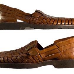 Stacy Adams Mens Woven Leather Fisherman Style Sandals 11 Brown Gold Buckle EUC