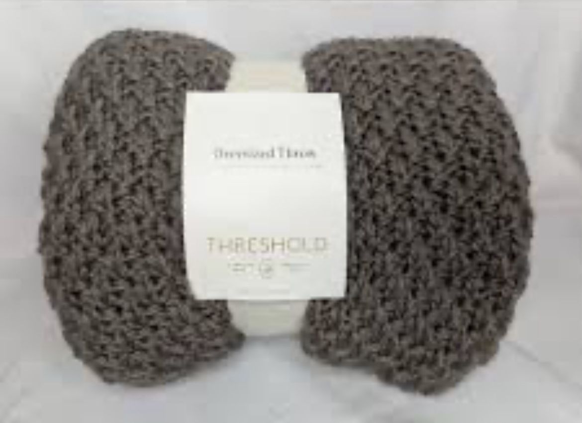 PAIR Of Grey Color Threshold BOUTIQUE 70x50" Solid Warm Knitted Oversized Knit Throw Blanket