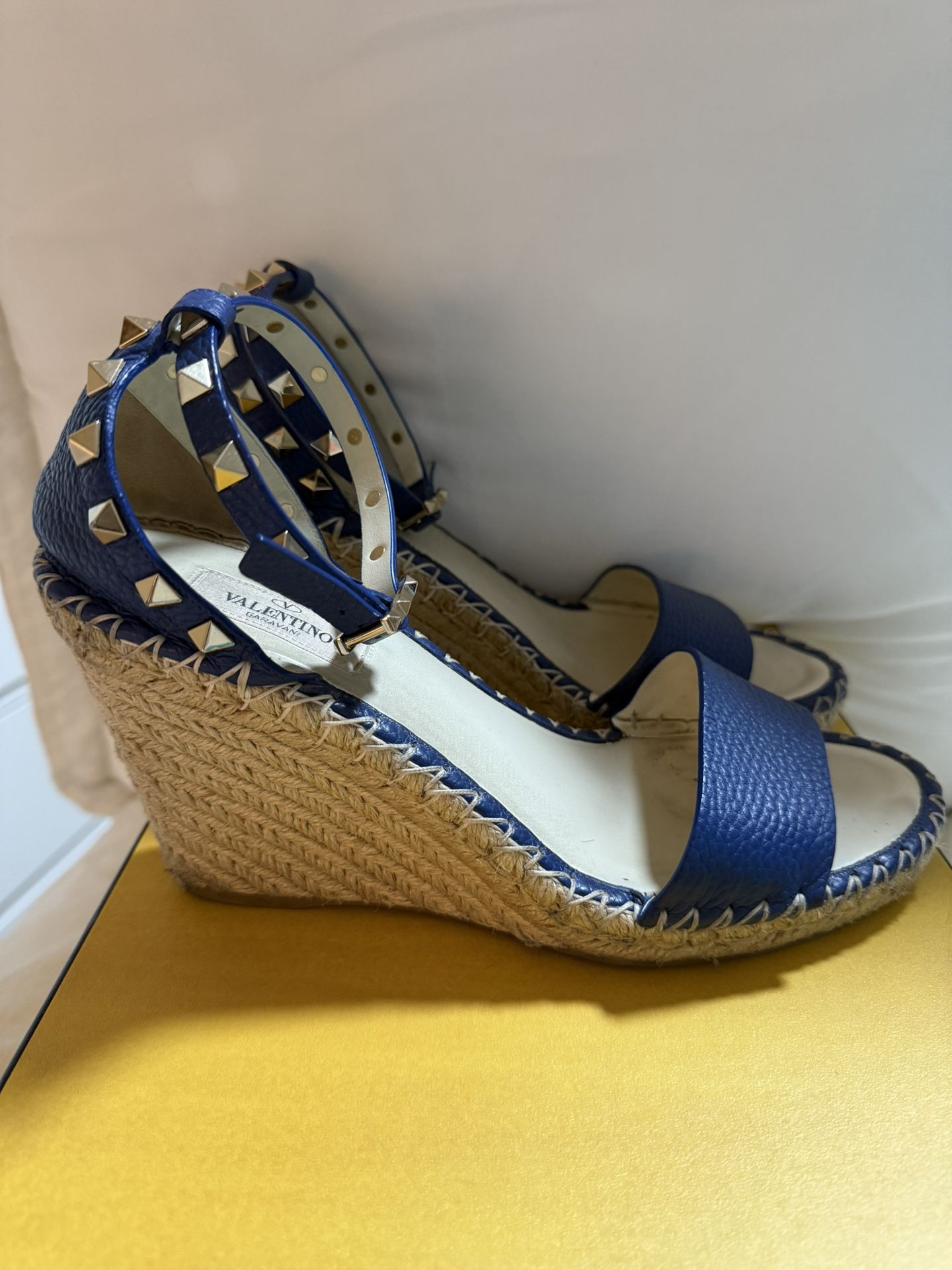 Valentino Navy Wedge Sandals with Studded Straps