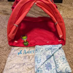American Girl Doll, Great Outdoors Tent, Sleeping Bag, Pillow, Lantern - - Working!