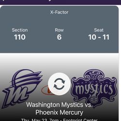 Two WNBA PHX Mercury vs Mystics Tickets For Sale!