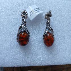 Vintage Sterling Silver Amber Earings Made In Poland