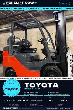 2022 TOYOTA MODEL 8 forklift,7000 lb,2 stage, single double attachment