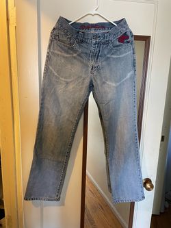 Customized Red Flame/Symbolic Cloud Embroidery Vintage Wash Denim Pants (Size 31) Brand/Style: EVISU Authentic Denim Pants (With red handwritten bran