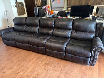 Large 5-Seat Dark Brown Reclining Sofa with Nailhead Trim