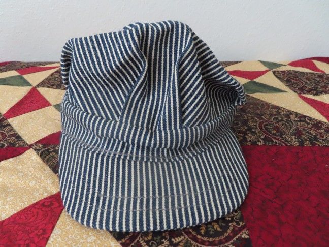 vntg Train Conductor Hat Striped Engineer Cap Blue Railroad kids kings hobby