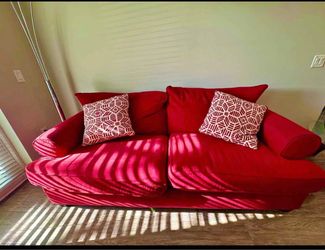 Red Fabric Two-Seat Sofa with Throw Pillows