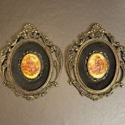 Set Of 2 Antique 40s Victorian Cameo Mini Picture & Frame 24 kt. Gold Plated