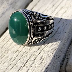 Silver Ring Natural Green Agate