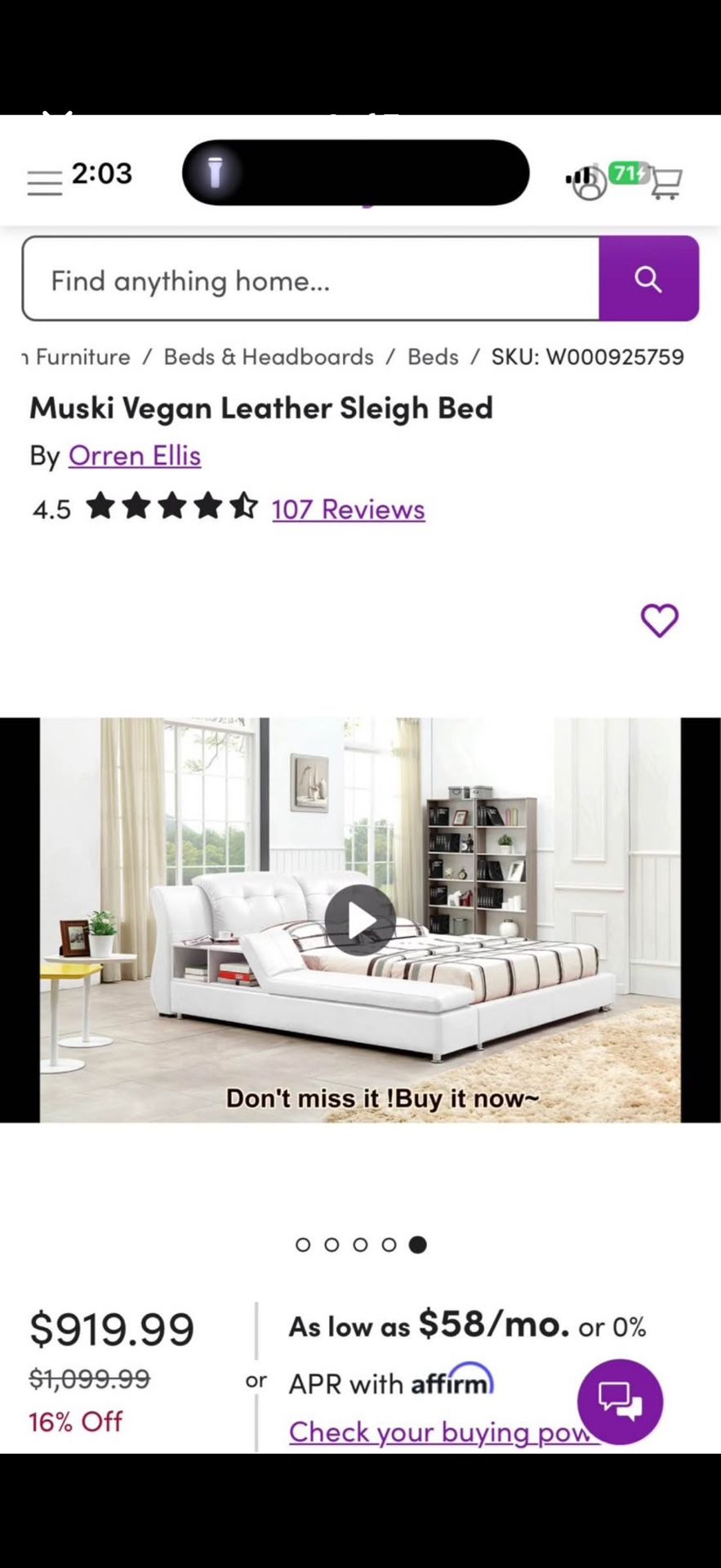 Cream Vegan Leather Sleigh Bed