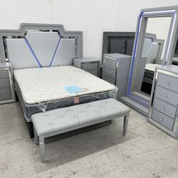 New Grey Bedroom Set With LED Lightning (King/Queen/Full)