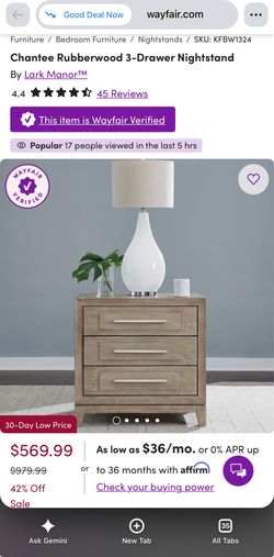 Chantee Rubberwood 3-Drawer Nightstand