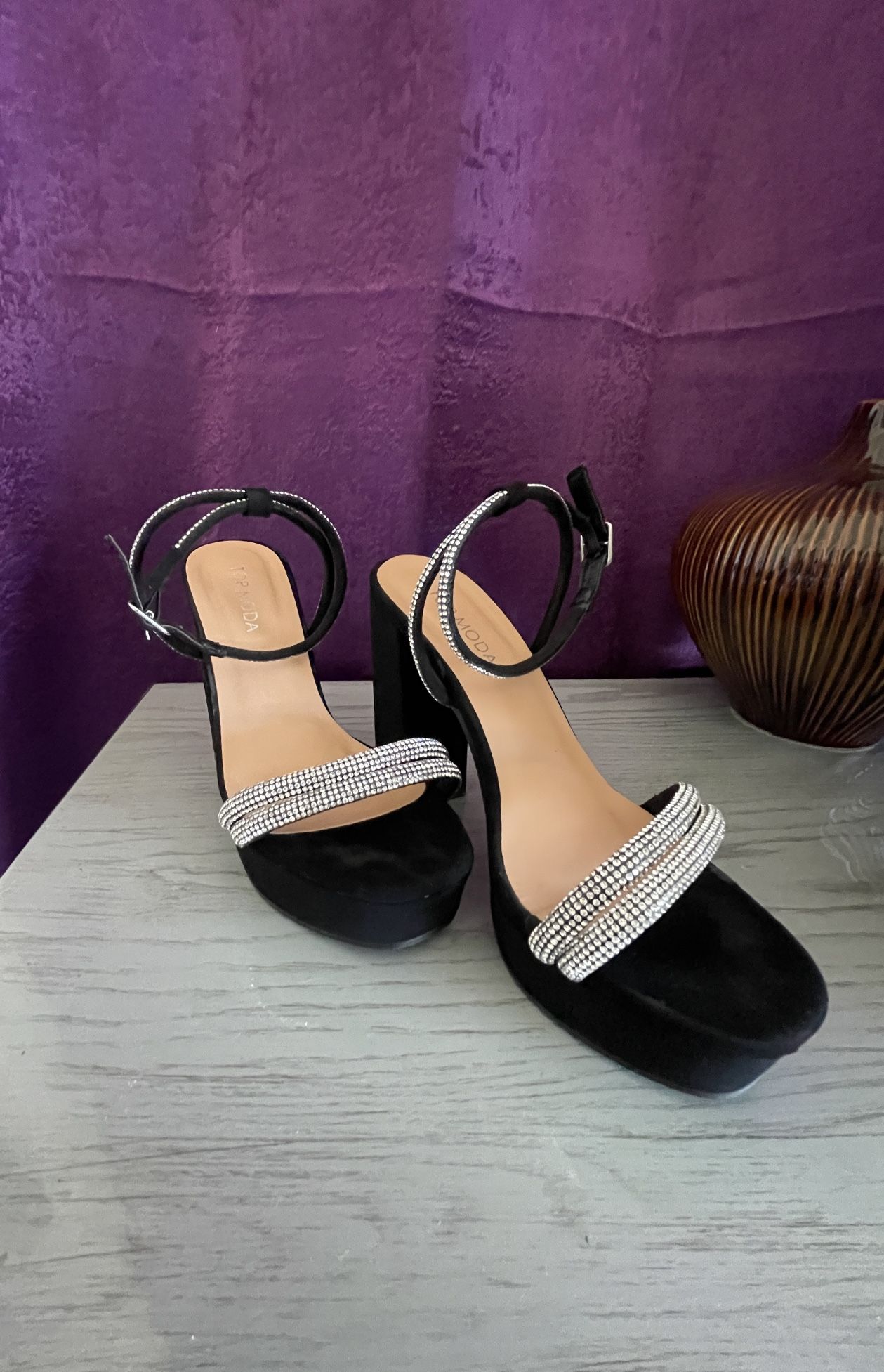 Black Embellished - Size 6 - Strappy Platform Heels