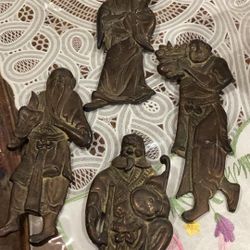 Vintage Chinese Brass Longevity Carved Plaques 