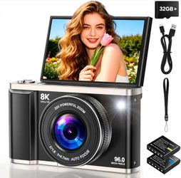 8K 96MP Digital Camera with WiFi, Autofocus, 20X Zoom, 3.5" Flip Screen
32GB SD card, 2 batteries