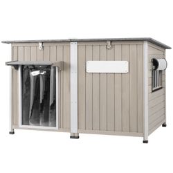 Large Dog House, Outdoor Wooden Dog Kennel with Weatherproof Asphalt Roof for Medium to Large Dogs, Gray