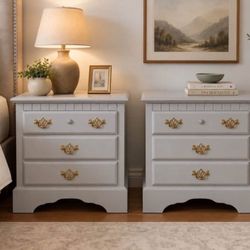 Pair of Light Gray 3-Drawer Nightstands with Brass Hardware