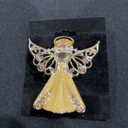 Angel Brooch Pin yellow enamel w/ stones 1.75”