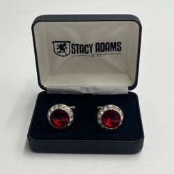 Stacy Adams Red Rivoli Rhinestone Cufflink Set Silvertone Fashionable W/ Box.
