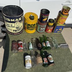 Vintage Antique Tin Cans Coffee Cans Old Glass Bottles 