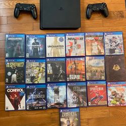 PlayStation 4 Slim, 2 DualShock Controllers,  and 19 Games