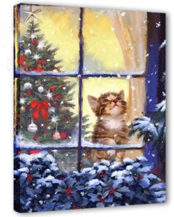 Led Canvas Art Christmas Cat  USB Power Buletooth Control with Timer Led Colors Change by Music Light Up Wall Painting Festive Decor(12"x16"x1.26")