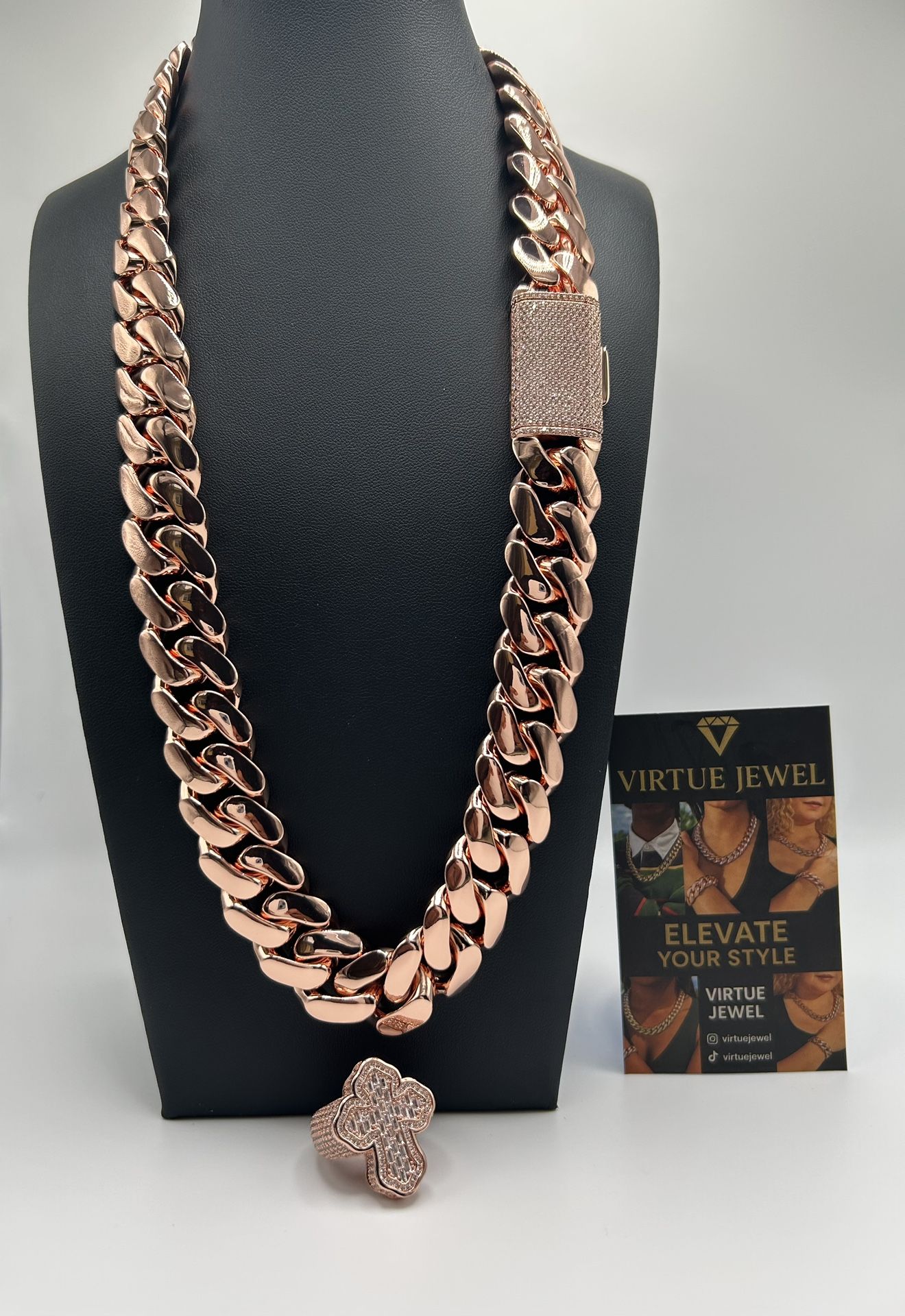 20mm Miami Cuban Link Rose Gold Plated Chain Necklace 18k & 14k Diamond Lock Jesus Cross Ring 