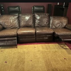 Genuine Leather Coach With Recliners, 2 Ottomans  For Sale - Reduced Price
