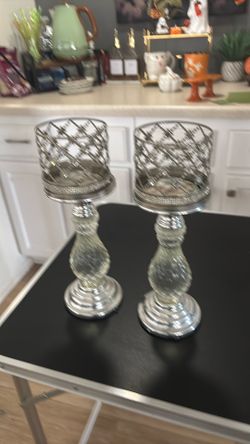 Silver Candle Holder & Vase with silk leaves
