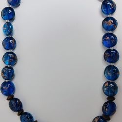 Blue and Gold Glass Bead Necklace Likely Made with The Murano Sommerso Art Glass 