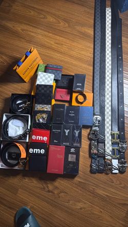 Designer belts, colognes, and wallets
