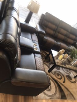 Theater two tone reclining couch and loveseat