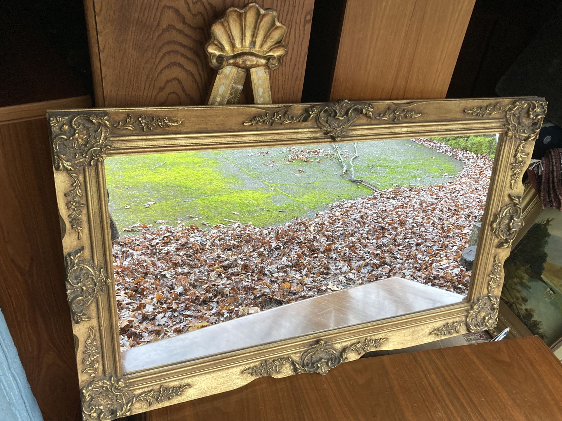 Vintage Antique Gold Carved Wood Mirror Wall Gilt Baroque Mid Century Long Wide 44”