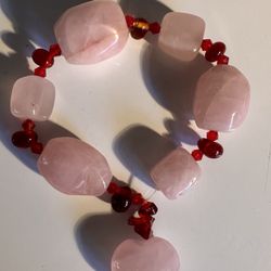 Tumbled, rose, quartz, natural stone bracelet, with large rose, quartz, heart 