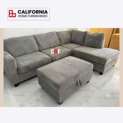 Modern Corduroy Sectional Sofa 3-Piece Set with Storage Ottoman & USB Charging