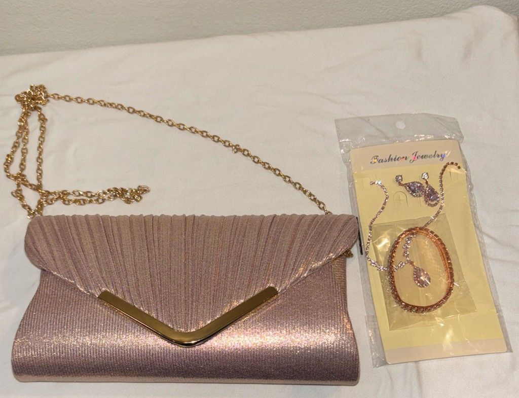Pink Clutch Bag With Gold Chain