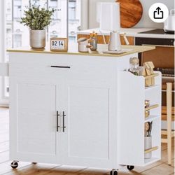 White Kitchen Islandwith Storage And Rolling Wheels NEW