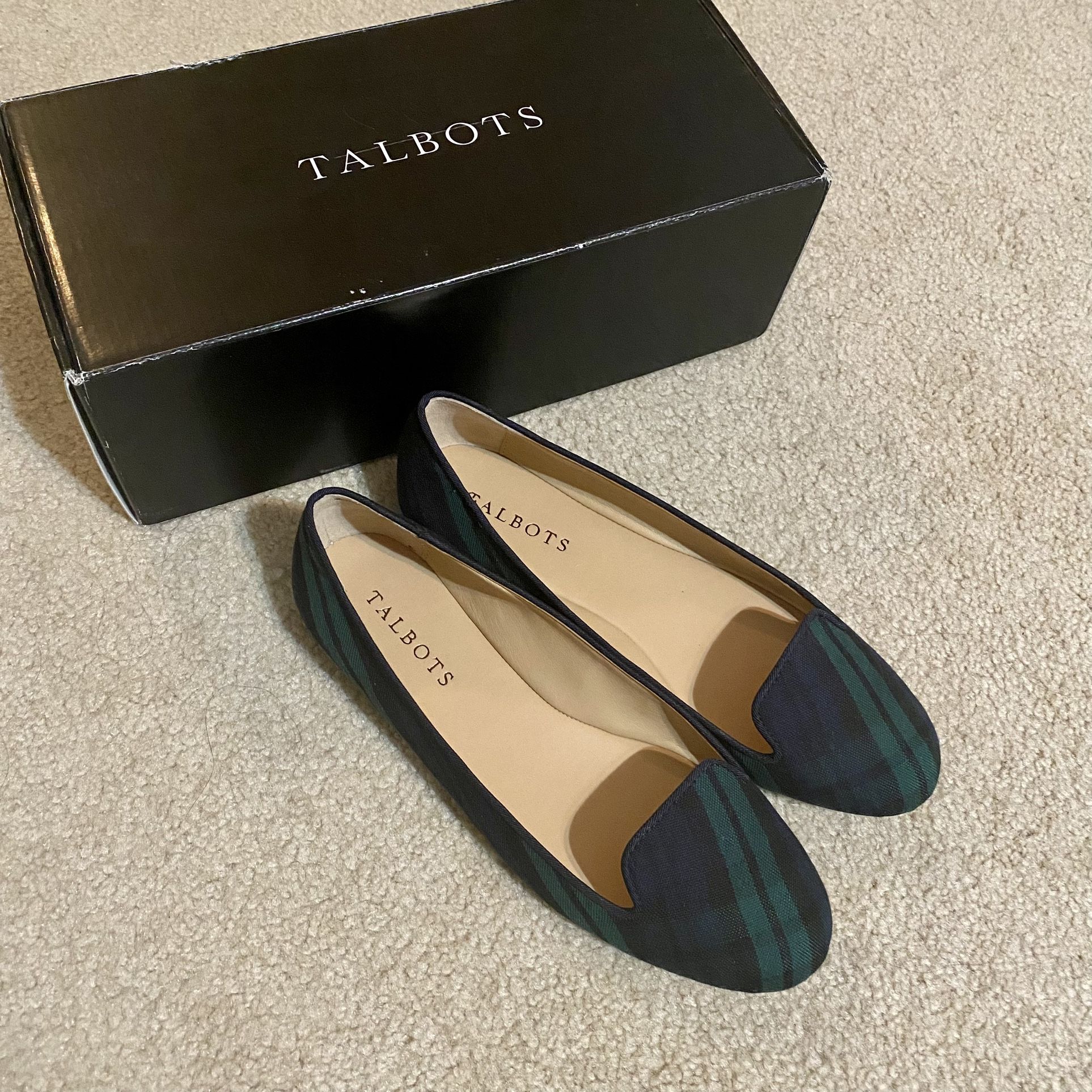New with Box Talbots Tartan Navy and Green Plaid Slip On Loafer Shoe Flats 6.5M