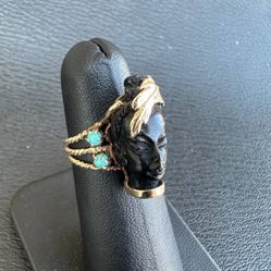 Ladies 14k yellow gold black onyx blue turquoise ring
