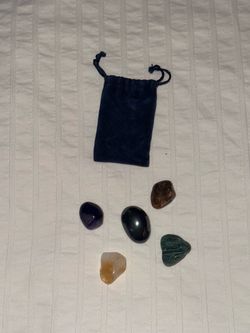 Lot of 5 Tumbled Polished Crystal Stones w/ Black Drawstring Pouch, Mixed Colors