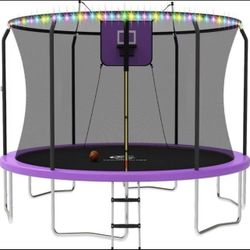 ACWARM HOME 14FT Trampoline with Enclosure Net,Basketball Hoop,Ladder, Light,Outdoor Heavy Duty Round,Purple