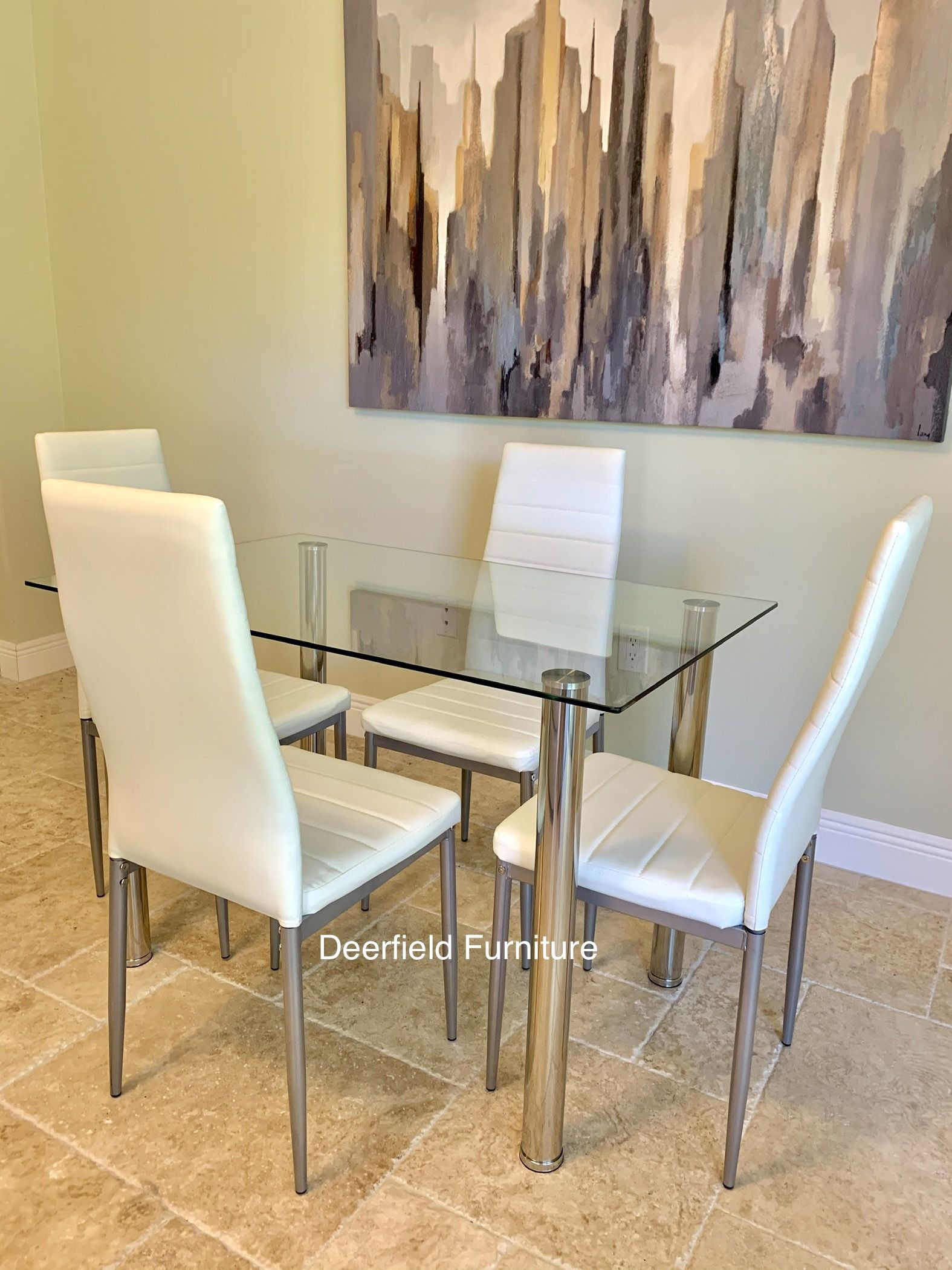 New White Dining Table Set with Tempered Glass Top Table & 4 Chairs - Dining Furniture Set
