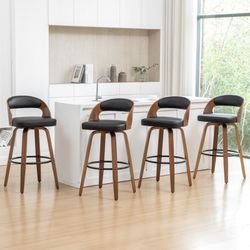Swivel Bar Height Bar Stools Set of 4, 30" Bar Stools with Bentwood Curved Back Upholstered Seats Mid Century Modern Barstools for Kitchen/Home Bar/Co